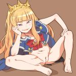  1girl arm_support bare_legs barefoot blonde_hair bottomless cagliostro_(granblue_fantasy) cleft_of_venus commentary_request granblue_fantasy hairband head_rest highres long_hair navel purple_eyes pussy simple_background sitting smirk smug solo spiked_hairband spikes tiara yucopi 
