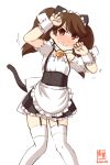  1girl alternate_costume animal_ears apron artist_logo black_skirt blouse cat_ears cat_tail clenched_teeth commentary_request cowboy_shot dated detached_collar enmaided flat_chest frilled_apron frilled_blouse frills garter_straps highres kanon_(kurogane_knights) kantai_collection maid maid_headdress pleated_skirt ryuujou_(kantai_collection) simple_background skirt solo suspender_skirt suspenders tail teeth thighhighs waist_apron white_apron white_background white_blouse white_legwear wrist_cuffs 