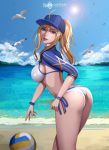  1girl absurdres ahoge artoria_pendragon_(all) ass beach bird blonde_hair blue_eyes cloud clover7 day fate_(series) flying hat highres jacket mysterious_heroine_xx_(foreigner) ocean panties parted_lips ponytail side-tie_panties sky solo sun underwear wristband 