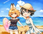  2girls :d alternate_costume animal_ears bare_shoulders beach black_hair black_shirt blonde_hair blue_eyes blue_sky bow casual cloud condensation_trail day denim denim_shorts dress extra_ears fang fang_out fur_trim hat hat_bow highres innertube kaban_(kemono_friends) kemono_friends multiple_girls ocean open_mouth outdoors pink_bow sand serval_(kemono_friends) serval_ears serval_girl serval_tail shirt short_hair short_shorts shorts sky sleeveless smile spaghetti_strap striped striped_dress suicchonsuisui sun_hat tail water yellow_eyes 