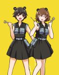  2girls alternate_costume artist_name bangs belt brown_eyes brown_hair closed_eyes collared_dress commentary dress eyebrows_visible_through_hair freckles girls_und_panzer grey_belt holding_screwdriver holding_wrench katakori_sugita looking_at_viewer medium_dress multiple_girls nakajima_(girls_und_panzer) open_mouth short_hair signature simple_background sleeveless sleeveless_dress smile standing tsuchiya_(girls_und_panzer) yellow_background 