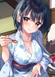  1girl bangs black_hair blue_kimono blush bowl braid breasts brown_eyes cleavage closed_mouth collarbone commentary_request earrings fan flower hair_flower hair_ornament holding holding_spoon japanese_clothes jewelry kimono large_breasts leaf_print long_sleeves looking_at_viewer obi on_floor original paper_fan print_kimono sash sena_chifuyu shaved_ice short_hair side_braid sitting smile solo spoon tatami uchiwa white_flower wide_sleeves wooden_floor yukata 