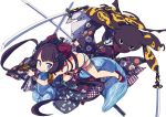  1girl animal_print bangle bangs bikini blue_eyes blunt_bangs blush bracelet brown_hair butt_crack cat_print checkered commentary_request dual_wielding facing_away fate/grand_order fate_(series) fighting_stance floral_print flower grin hair_bun hair_flower hair_ornament highres holding holding_sword holding_weapon jewelry katana katsushika_hokusai_(fate/grand_order) katsushika_hokusai_(swimsuit_saber)_(fate) leg_strap looking_away looking_to_the_side okobo red_footwear scrunchie shiraha_(orega-gandamud) simple_background smile swimsuit sword thigh_strap thighlet thighs tokitarou_(fate/grand_order) twintails two-tone_bikini v-shaped_eyebrows weapon white_background white_bikini wrist_scrunchie 