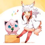  1girl :d bangs blue_eyes blunt_bangs blush crossover eyebrows_visible_through_hair frilled_sleeves frills gen_1_pokemon gloves hand_on_own_chest head_wings highres japanese_crested_ibis_(kemono_friends) jigglypuff kemono_friends long_hair long_sleeves microphone music musical_note open_mouth orange_eyes pantyhose pokemon pokemon_(creature) red_gloves red_legwear shirt silver_hair singing skirt sleeves_past_wrists smile suicchonsuisui tail trait_connection white_shirt wide_sleeves 