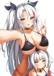  2girls :d absurdres ahoge armpits azur_lane bangs bare_shoulders bikini black_bikini black_choker black_ribbon blue_swimsuit blush breast_rest breasts breasts_on_head brown_eyes choker cleavage closed_mouth collarbone commentary_request eyebrows_visible_through_hair hair_between_eyes hair_ribbon hand_up headpiece highres large_breasts looking_at_viewer moyoron multicolored_hair multiple_girls open_mouth parted_bangs prinz_eugen_(azur_lane) reaching_out red_hair ribbon self_shot side-tie_bikini silver_hair simple_background smile streaked_hair swimsuit two_side_up v white_background z46_(azur_lane) 