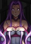  1girl bare_shoulders breasts cleavage detached_collar detached_sleeves facial_mark fate/stay_night fate_(series) glowing glowing_eyes highres long_hair looking_at_viewer noir_(4chan) purple_eyes purple_hair rider smile solo very_long_hair 