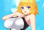  1girl bangs bare_shoulders black_swimsuit blonde_hair blue_eyes blue_sky blush breasts cleavage fate/grand_order fate_(series) highres jeanne_d&#039;arc_(fate) jeanne_d&#039;arc_(fate)_(all) large_breasts looking_at_viewer one-piece_swimsuit open_mouth short_hair sky swimsuit two-tone_swimsuit vibncent white_swimsuit 