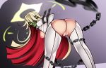  1girl adapted_costume anus_peek arm_strap ass backless_pants ball_and_chain_restraint bent_over blonde_hair breasts breasts_outside chain from_behind glowing glowing_eyes glowing_mouth green_eyes guilty_gear guilty_gear_xrd halo jack-o&#039;_valentine long_hair looking_at_viewer looking_back mask medium_breasts multicolored_hair nipples no_panties one_eye_closed pants pussy red_hair reeceyd3 solo straight_hair two-tone_hair uncensored very_long_hair 