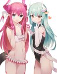  2girls bikini blue_eyes breasts commentary_request curled_horns elbow_gloves elizabeth_bathory_(fate) elizabeth_bathory_(fate)_(all) fate/grand_order fate_(series) frilled_bikini frills gloves green_hair hair_ribbon heart holding_hands horns interlocked_fingers kiyohime_(fate/grand_order) long_hair looking_at_viewer multiple_girls navel one-piece_swimsuit pink_hair pink_horns pointy_ears ribbon shaffelli silver_hair simple_background small_breasts swimsuit tail white_background white_bikini white_gloves white_horns white_ribbon yellow_eyes 