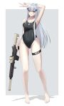  1girl absurdres arm_behind_head assault_rifle bangs barefoot black_swimsuit blue_swimsuit blunt_bangs breasts collarbone competition_swimsuit covered_navel facial_mark full_body girls_frontline green_eyes gun h&amp;k_hk416 hair_ornament highres hk416_(girls_frontline) long_hair looking_at_viewer medium_breasts one-piece_swimsuit rifle rynn_(rynn_cube) scar scar_across_eye silver_hair solo standing swimsuit thigh_strap v weapon 
