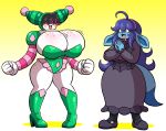  2020 alternate_species anthro big_breasts blue_body blue_hair blush bodily_fluids breasts brown_hair clothing clown dress drooling duo eeveelution female footwear glaceon hair hex_maniac hi_res high_heels huge_breasts humanoid nintendo pok&eacute;mon pok&eacute;mon_(species) prinnydood saliva shoes simple_background smile standing video_games 