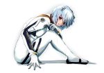  1girl ayanami_rei blue_hair bodysuit breasts from_side hairpods interface_headset multicolored multicolored_bodysuit multicolored_clothes neon_genesis_evangelion pilot_suit plugsuit red_eyes short_hair sitting small_breasts solo syica white_background white_bodysuit 