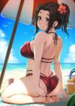  1girl adjusting_clothes adjusting_swimsuit ass back bare_arms bare_shoulders barefoot basket beach beach_towel beach_umbrella bikini black_eyes black_hair blue_sky day ebihara_naho from_behind full_body hair_ornament hair_scrunchie highres horizon idolmaster idolmaster_cinderella_girls long_hair looking_at_viewer looking_back ocean outdoors ponytail red_bikini scrunchie sitting sky smile soles solo summer swimsuit toruneko towel umbrella wariza white_scrunchie 