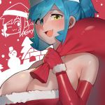  1girl blue_eyes blue_hair blush breasts cleavage dress earrings elbow_gloves fang fur_trim gloves green_eyes hat heterochromia huge_breasts jewelry looking_at_viewer merry_christmas open_mouth original portrait raban2950 red_dress red_gloves sack santa_costume santa_hat short_ponytail skin_fang smile snowman solo strapless strapless_dress stud_earrings 