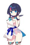  1girl bangs bare_shoulders black_hair blue_eyes blue_ribbon blush breasts chan_co collarbone detached_leggings dress fate/grand_order fate/requiem fate_(series) fundoshi hand_on_own_chest japanese_clothes jewelry large_breasts long_sleeves looking_at_viewer magatama magatama_hair_ornament medium_hair multicolored_hair necklace open_mouth pelvic_curtain pink_hair puffy_long_sleeves puffy_sleeves ribbon short_dress sideboob sideless_outfit simple_background streaked_hair thighs two-sided_fabric two-sided_skirt utsumi_erise white_background white_dress 