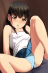  1girl absurdres bangs bare_shoulders barefoot black_hair blue_panties blue_skirt blush brown_eyes camisole eyebrows_visible_through_hair feet_out_of_frame hair_over_shoulder highres knee_up long_hair looking_at_viewer low_twintails matsunaga_kouyou nose_blush original panties parted_lips polka_dot polka_dot_panties skirt solo split spread_legs twintails underwear upper_teeth white_camisole 