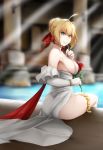  1girl ahoge ass bare_shoulders bibi_(love_live!) breasts choker detached_sleeves dress fate/extra fate_(series) flower green_eyes hair_ornament highres nero_claudius_(fate) nero_claudius_(fate)_(all) noir_(4chan) poolside rose sitting smile solo white_dress 