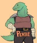  anthro brass_knuckles glacierclear green_body green_scales hi_res lizard male melee_weapon muscular muscular_male peatie reptile scales scalie shoulder_guards slightly_chubby solo weapon 