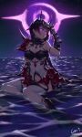  1girl absurdres armor artist_name backlighting bangs boots breastplate breasts cleavage commentary_request gao_guangyue gauntlets glowing glowing_eyes halterneck hand_on_own_head highres honkai_(series) honkai_impact_3rd horizon horns long_hair looking_at_viewer navel_cutout night night_sky ocean oni_horns outdoors parted_lips partially_submerged purple_eyes purple_hair raiden_mei shoulder_armor signature sky solo star_(sky) starry_sky thighhighs very_long_hair watermark white_legwear 