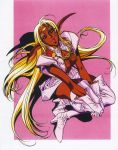  1990s_(style) 1girl blonde_hair boots dark_skin full_body gloves hands_on_own_knee hands_together high_heels highres izubuchi_yutaka lips long_hair looking_at_viewer official_art parted_lips pirotess pointy_ears record_of_lodoss_war red_eyes scan shadow skirt solo thigh_boots thighhighs v_arms 