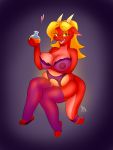  3:4 anthro arm_under_breasts bedroom_eyes beverage big_breasts blonde_hair bottle breasts clothing dragon female hair hi_res legwear lingerie looking_at_viewer magma_(sparkpad) minxydoodle narrowed_eyes nipples open_mouth potion red_body seductive sitting slightly_chubby solo stockings translucent translucent_clothing 