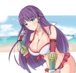  1girl absurdres artist_request bangs bare_shoulders beach bikini blue_eyes blue_sky blush breasts choker cleavage closed_mouth collarbone cross cross_choker earrings elbow_gloves fate/grand_order fate_(series) frilled_bikini frills gauntlets gloves highres jewelry large_breasts leaning_forward long_hair looking_at_viewer ocean purple_hair red_gloves saint_martha saint_martha_(swimsuit_ruler)_(fate) sky smile swimsuit white_bikini 