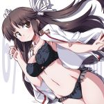 1girl 547th_sy bangs black_bra black_hair black_panties bra brown_eyes commentary_request cowboy_shot dress_shirt hair_ribbon highres hime_cut hiyou_(kantai_collection) kantai_collection lingerie long_hair long_sleeves looking_at_viewer open_clothes open_shirt panties ribbon shirt shirt_on_shoulders smile solo standing underwear white_ribbon white_shirt 