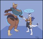 absurd_res anthro blue_border border bottomwear breast_expansion breast_size_difference breasts clothing dialogue duo english_text female greasymojo hi_res larger_female legendary_pok&eacute;mon lugia nintendo noctowl pok&eacute;mon pok&eacute;mon_(species) shorts size_difference smaller_female text thick_thighs video_games wide_hips 