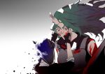  2girls akagine_sansu arknights armor black_shirt blood blood_on_face bloody_clothes blue_hair ch&#039;en_(arknights) commentary_request crying crying_with_eyes_open dragon_horns fading fingerless_gloves gloves green_hair highres horns hoshiguma_(arknights) long_hair looking_at_another low_tied_hair low_twintails multiple_girls oni_horns open_mouth red_eyes shirt single_horn sleeveless sleeveless_shirt tears twintails 