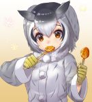  1girl black_hair buttons coat commentary_request eyebrows_visible_through_hair food fur_collar fur_trim gloves grey_hair highres kemono_friends long_sleeves multicolored_hair northern_white-faced_owl_(kemono_friends) orange_eyes short_hair solo spoon spoon_in_mouth tadano_magu upper_body white_coat white_hair winter_clothes winter_coat yellow_gloves 