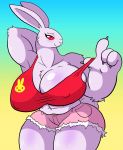  2020 4_fingers absurd_res alice_the_rabbit anthro big_breasts bloody_roar bottomwear breasts clothing female fingers fur hi_res huge_breasts lagomorph leporid looking_at_viewer mammal muscular muscular_female prinnydood rabbit red_eyes shirt shorts simple_background smile solo tank_top topwear ussy white_body white_fur 