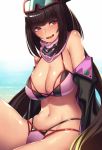  1girl bangs bare_shoulders bikini black_jacket blush breasts brown_hair cleavage fate/grand_order fate_(series) goggles goggles_on_head highres jacket knee_up large_breasts long_hair looking_at_viewer low_twintails multi-strapped_bikini navel off_shoulder open_clothes open_jacket osakabe-hime_(fate/grand_order) osakabe-hime_(swimsuit_archer)_(fate) pink_bikini pink_scarf purple_eyes scarf sitting ski_goggles smile swimsuit takanashi-a thighs twintails very_long_hair wet 