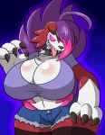  2020 4_fingers absurd_res anthro big_breasts bottomwear breasts cleavage clothed clothing collar female fingers hair hi_res legwear lycanroc navel nintendo pok&eacute;mon pok&eacute;mon_(species) prinnydood ringed_eyes sharp_teeth shorts simple_background smile solo spiked_collar spikes stockings teeth tongue tongue_out video_games 