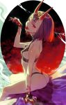  1girl absurdres ass bangs bare_arms bare_legs bare_shoulders blood bloody_hands bob_cut breasts covered_nipples fang fate/grand_order fate_(series) forehead_jewel from_side head_tilt highres horns kazuki_yone looking_at_viewer oni_horns purple_eyes purple_hair revealing_clothes short_eyebrows short_hair shoulder_blades shuten_douji_(fate/grand_order) sitting skin-covered_horns small_breasts solo tongue tongue_out twitter_username 