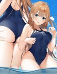  1girl ahoge ass blue_eyes blush breasts competition_swimsuit highres large_breasts long_hair niii_(memstapak) one-piece_swimsuit orange_hair pecorine princess_connect! princess_connect!_re:dive solo swimsuit thighs 