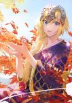  1girl autumn blonde_hair blue_eyes blue_sky braid braided_ponytail breasts fate/grand_order fate_(series) headpiece japanese_clothes jeanne_d&#039;arc_(fate) jeanne_d&#039;arc_(fate)_(all) kimono leaf mossi multicolored multicolored_clothes multicolored_kimono purple_kimono sidelocks sky smile 