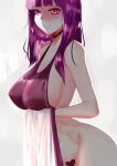  1girl absurdres asagami_fujino biriyb blush bottomless breasts censored choker cleavage fate/grand_order fate_(series) heart heart_censor highres kara_no_kyoukai large_breasts purple_hair red_eyes sideboob smile solo source_request towel 