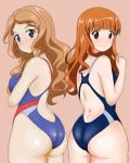  2girls ass back backless_swimsuit bangs black_swimsuit blue_eyes blue_swimsuit blunt_bangs blush commentary competition_swimsuit eyebrows_visible_through_hair from_behind girls_und_panzer gogopaint highleg highleg_swimsuit highres isabe_(girls_und_panzer) long_hair looking_at_viewer looking_back multiple_girls one-piece_swimsuit open_mouth orange_eyes orange_hair side-by-side simple_background smile standing swimsuit takebe_saori wavy_hair 
