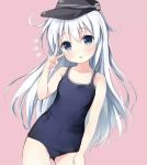  1girl arm_up ass_visible_through_thighs black_headwear blue_eyes covered_navel flat_cap gumball_(artist) hand_on_own_thigh hat hibiki_(kantai_collection) kantai_collection leaning_to_the_side long_hair one-piece_swimsuit pink_background school_swimsuit silver_hair simple_background solo swimsuit thighs v 