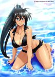  1girl absurdres ahoge artist_name bare_shoulders bikini black_bikini black_hair blue_eyes blush breasts cleavage collarbone commentary_request eyebrows_visible_through_hair full_body hair_between_eyes highres homura_(senran_kagura) in_water kneeling large_breasts long_hair looking_at_viewer midriff patreon_username ponytail senran_kagura sleeveless solo swimsuit tan tanline vilde_loh_hocen water watermark web_address yellow_eyes 