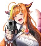  1girl :d absurdres ahoge aiming_at_viewer bangs blonde_hair blush bow breasts cleavage diagonal_bangs dragon_horns dragon_tail dvdraw emblem eyebrows_visible_through_hair fangs gun hairband handgun highres holding holding_gun holding_weapon hololive horn_bow horns huge_filesize kiryuu_coco large_breasts long_hair multicolored_hair open_mouth orange_hair pointy_ears simple_background smile solo tail virtual_youtuber weapon white_background 