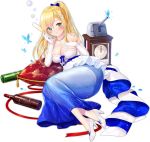  1girl alternate_costume azur_lane bangs bare_shoulders blonde_hair blue_butterfly blue_dress blue_ribbon blush bottle bow braid breasts bug butterfly cleavage clock dress elbow_gloves expressions eyebrows_visible_through_hair forbin_(azur_lane) forbin_(feast_of_champagne)_(azur_lane) french_flag frills gloves gradient gradient_clothes green_eyes hair_between_eyes hair_bow hair_ornament hand_on_own_chest high_heels highres insect iris_libre_(emblem) large_breasts long_dress long_hair looking_at_viewer official_art pillow ponytail red_ribbon ribbon skindentation sleeveless sleeveless_dress solo strapless strapless_dress transparent_background turret two-tone_dress white_dress white_footwear white_gloves yano_mitsuki 