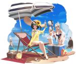  3girls alternate_costume animal_abuse asymmetrical_hair azur_lane bangs bearn_(azur_lane) bearn_(iris_lifeguard)_(azur_lane) bikini black_hair blue_eyes breasts butterfly_hair_ornament choker cleavage closed_mouth coca-cola dunkerque_(azur_lane) dunkerque_(summer_sucre)_(azur_lane) eskimo_(azur_lane) eskimo_(troublemaker_in_atigi)_(azur_lane) expressions flower from_side front-tie_bikini front-tie_top full_body grey_hair hair_ornament hat headdress highres holding large_breasts leaning_forward magnifying_glass manjuu_(azur_lane) medium_hair multicolored_hair multiple_girls official_art purple_bikini see-through shisantian short_hair sitting skirt small_breasts smile standing sun_hat sunflower swimsuit transparent_background water white_skirt 