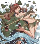  1girl absurdres angelina_(arknights) animal_ears arknights armband bangs bare_arms bare_legs bare_shoulders barefoot bikini breasts brown_hair cleavage commentary_request fox_ears green_bikini hairband highres long_hair looking_at_viewer medium_breasts mirrorya mouth_hold navel red_eyes red_hairband see-through solo stomach swimsuit thighs twintails 