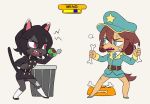  2020 angry anthro blue_eyes bone canid canine canis chibi clothing domestic_cat domestic_dog duo felid feline felis female fighting_pose flowerimh mammal military_uniform misha_(colo) pink_eyes pose simple_background trash uniform white_background 