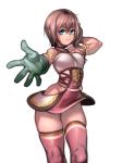  1girl armlet blue_eyes breasts corset dress final_fantasy final_fantasy_xiii final_fantasy_xiii-2 gloves green_gloves highres kelvin_hiu looking_at_viewer outstretched_hand pink_dress pink_legwear serah_farron short_dress short_hair side_ponytail skindentation small_breasts solo thighhighs white_background 