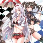  2girls adapted_costume ascot bandeau belt black_gloves black_jacket boots breasts brown_eyes brown_hair brown_shorts checkered checkered_flag checkered_neckwear cleavage commentary_request cowboy_shot cropped_jacket fingerless_gloves flag gloves green_eyes grey_legwear groin hairband highres jacket kantai_collection kentan_(kingtaiki) long_hair looking_at_viewer medium_breasts multiple_girls navel race_queen red_shorts shorts shoukaku_(kantai_collection) small_breasts standing thigh_boots thighhighs twintails umbrella white_hair white_jacket zuikaku_(kantai_collection) 