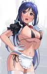  1girl apron areola_slip areolae bangs bikini black_bikini blue_hair blurry blurry_background blush bow bowtie breasts commentary covered_nipples cowboy_shot dot_nose frilled_apron frills gloves hair_between_eyes half_gloves hand_on_hip hand_up highres igarashi_kyouhei large_breasts lifted_by_self long_hair looking_at_viewer love_live! love_live!_sunshine!! maid_headdress matsuura_kanan micro_bikini navel open_mouth puffy_short_sleeves puffy_sleeves purple_eyes red_neckwear shiny shiny_skin short_sleeves side-tie_bikini skindentation solo strap_lift string_bikini swimsuit thighhighs thighs tongue underboob upper_teeth waist_apron white_apron white_gloves white_legwear 