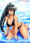  1girl absurdres ahoge artist_name bare_shoulders bikini black_bikini black_hair blue_eyes blush breasts cleavage collarbone commentary_request dark_skin day eyebrows_visible_through_hair full_body hair_between_eyes highres homura_(senran_kagura) in_water kneeling large_breasts long_hair looking_at_viewer midriff outdoors patreon_username ponytail senran_kagura sleeveless solo swimsuit vilde_loh_hocen water watermark web_address 