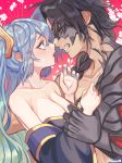  1boy 1girl absurdres aqua_hair bare_shoulders black_hair blue_eyes blue_hair blue_nails braid breasts cleavage flower hair_over_shoulder hanacues highres kayn large_breasts league_of_legends long_hair multicolored_hair open_mouth parted_lips profile red_eyes signature sona_buvelle twintails two-tone_hair upper_body 